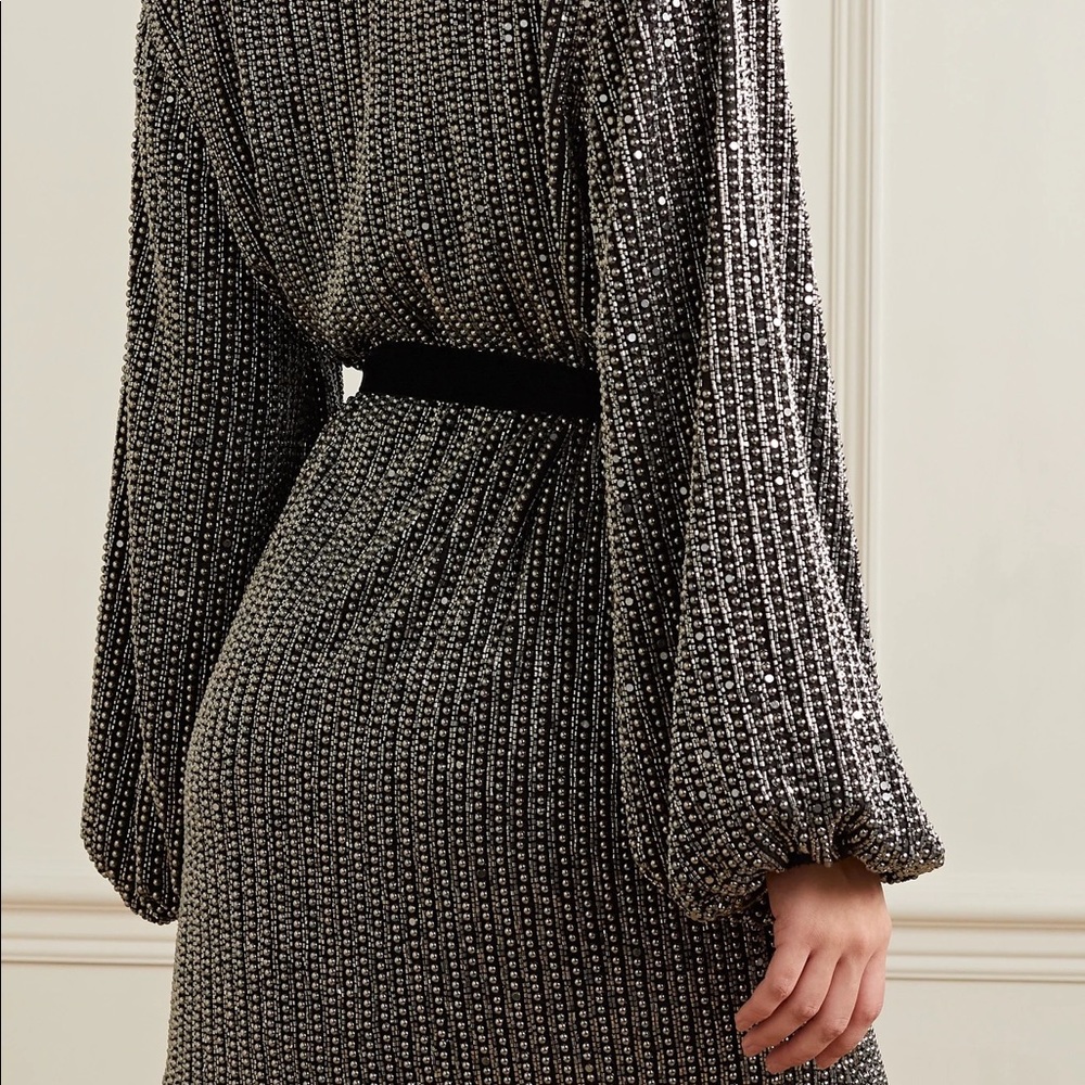 RETROFETE Gabrielle Velvet-trimmed Beaded Chiffon Mini Wrap Dress in Silver - Picture 9 of 9